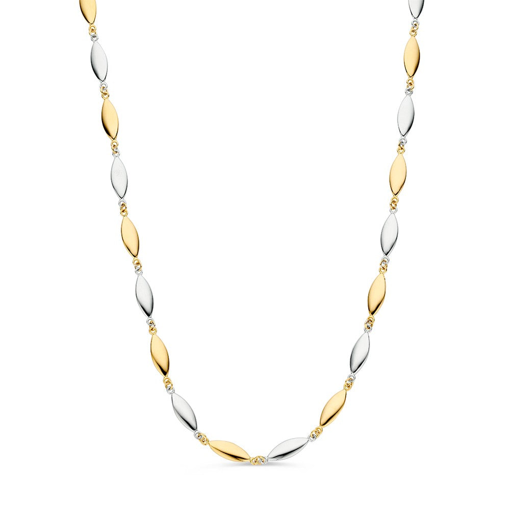 Bicolor collier met afwisselend zilveren en gouden schakels, versierd met kleine, ronde details.