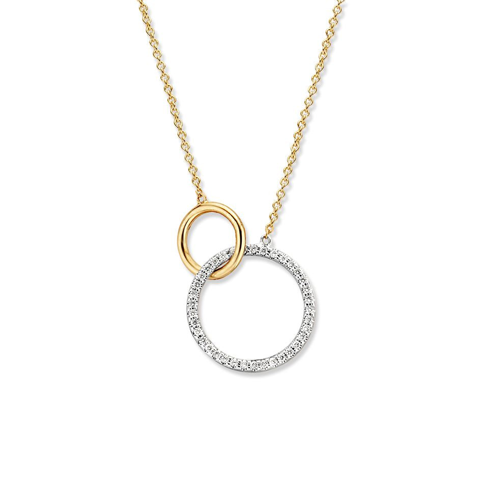 Collier en or jaune 14 carats avec deux cercles entrelacés et diamant de 0,11 ct.