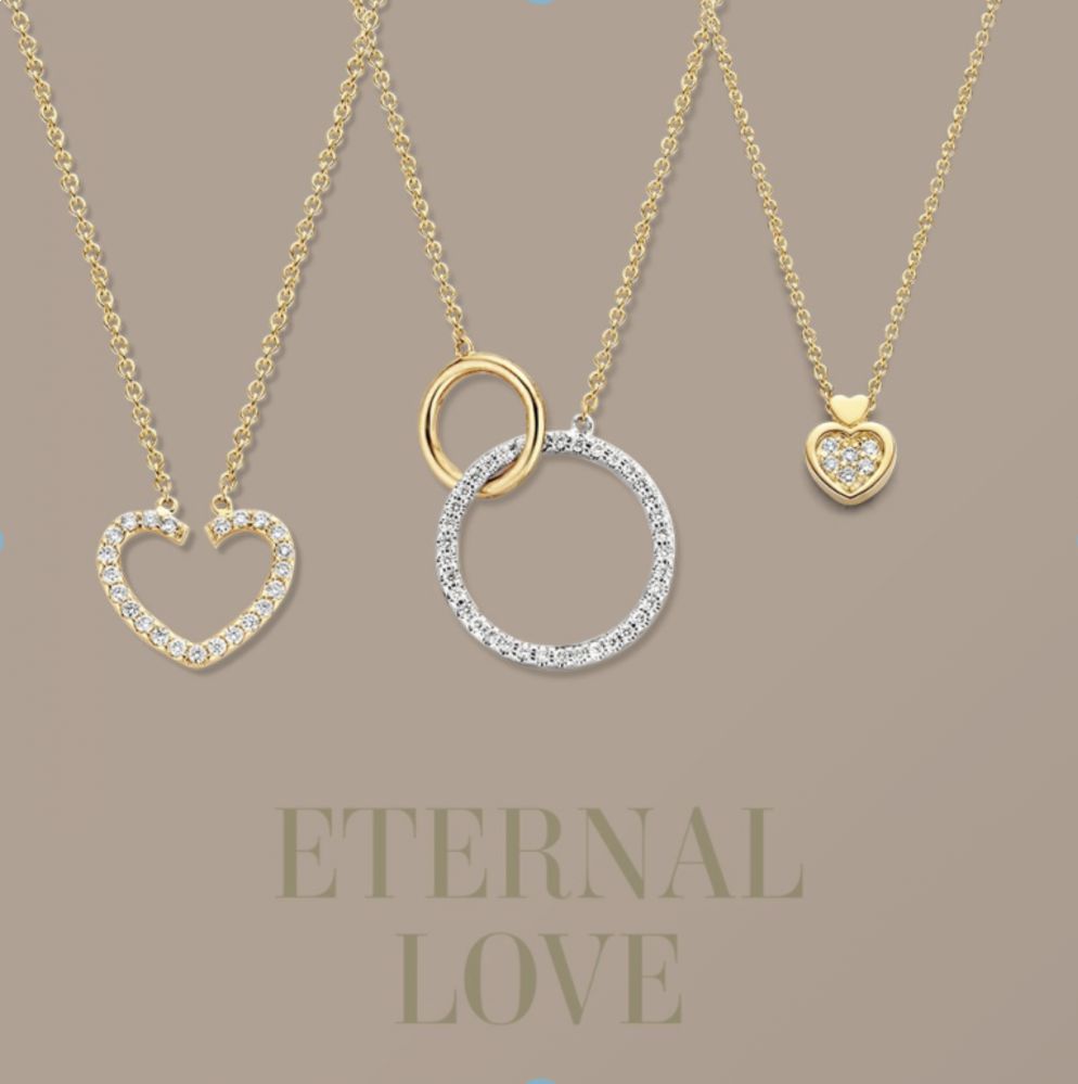 Collier en or jaune 14 carats avec deux cercles entrelacés et diamant 0,11 crt