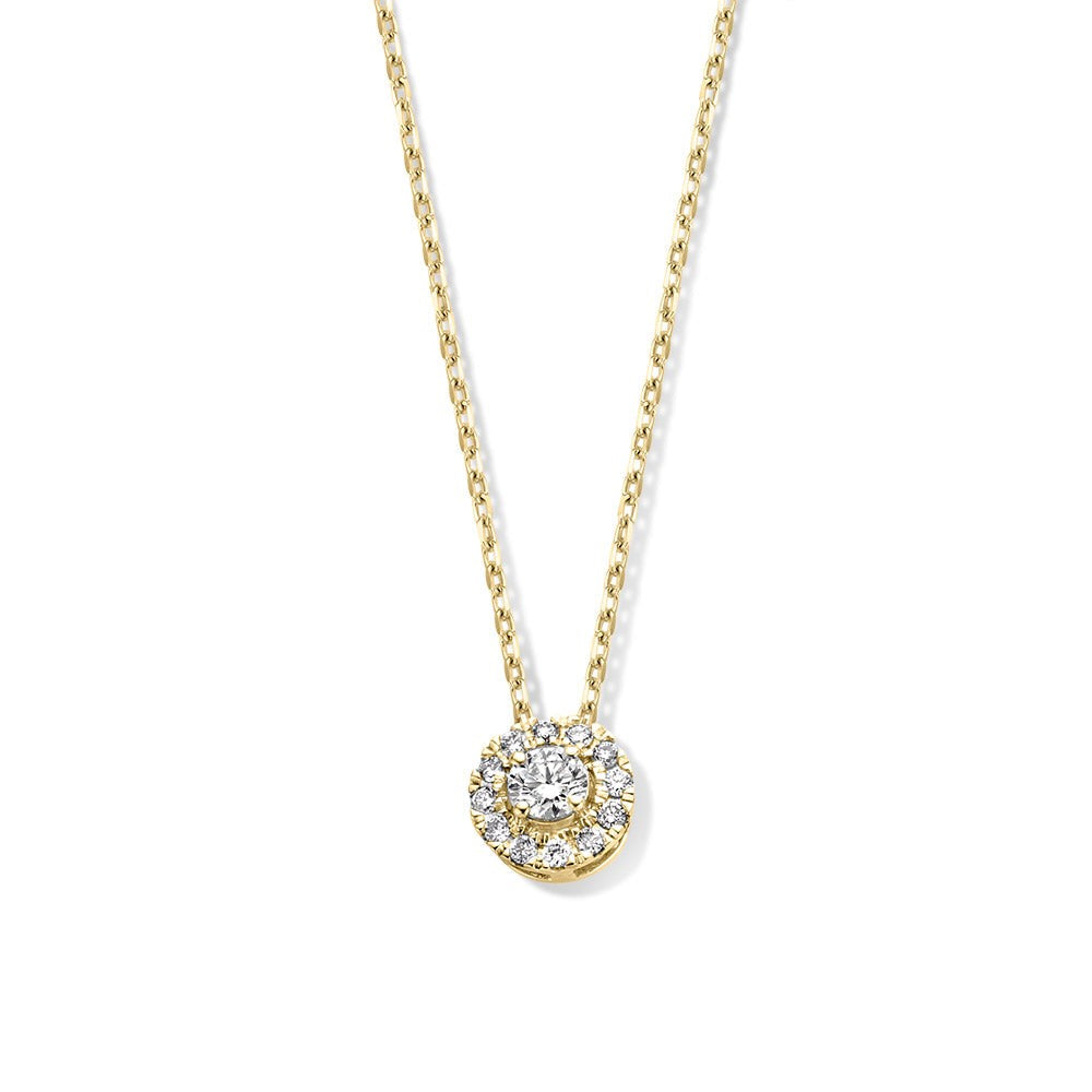 Collier en or jaune avec un pendentif rond serti de diamants.