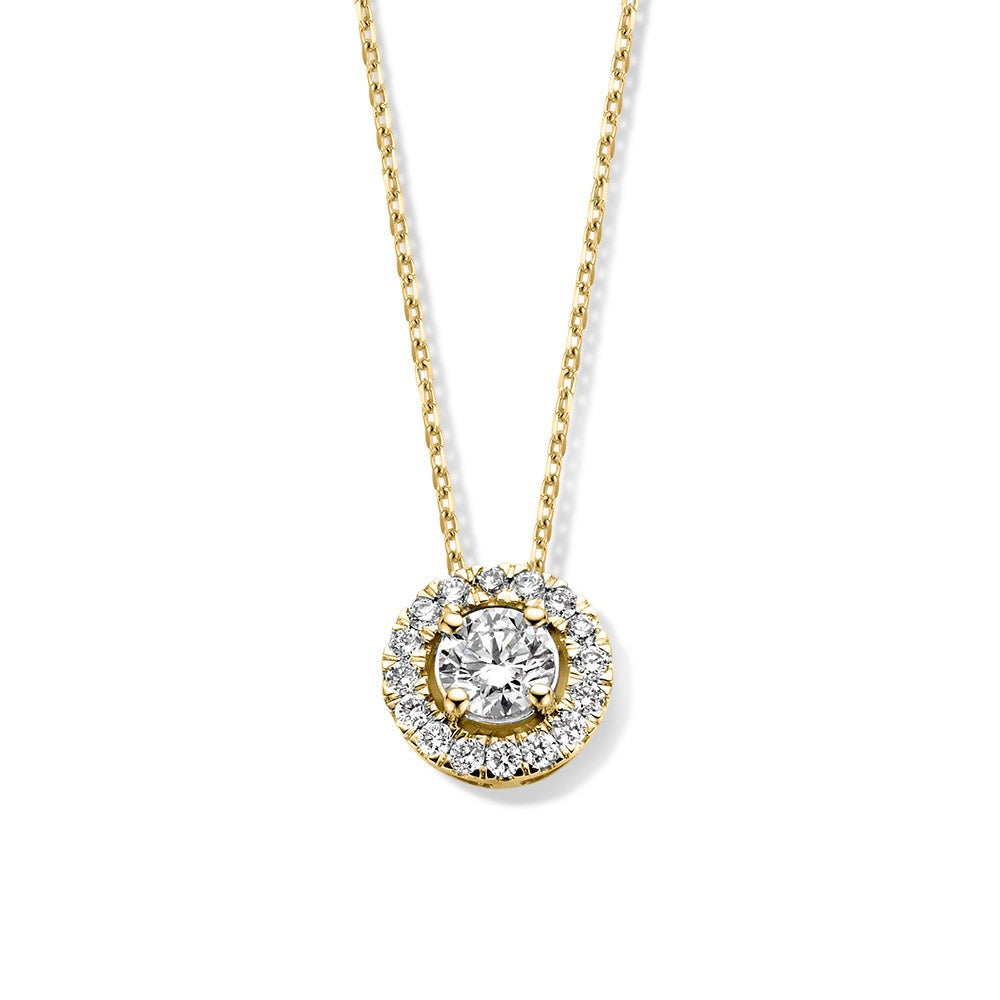 Collier en or jaune avec pendentif serti d'un diamant central et entouré de petits diamants.