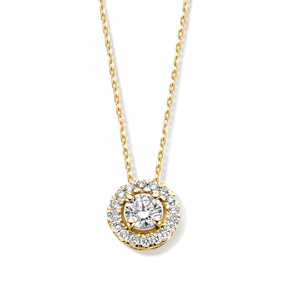 Collier en or jaune avec un pendentif rond orné d'un diamant central et de petits diamants.