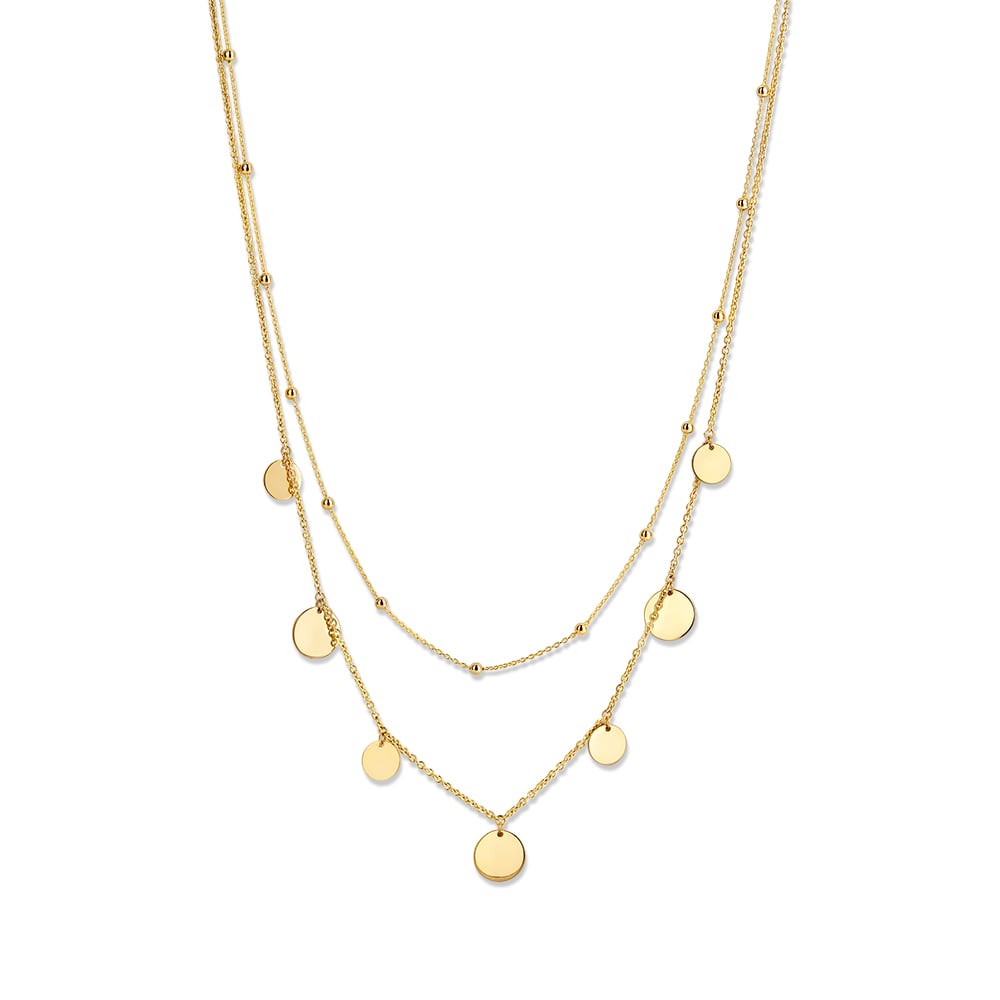 Collier en or jaune avec double chaîne et pièces rondes, design moderne pour femmes.