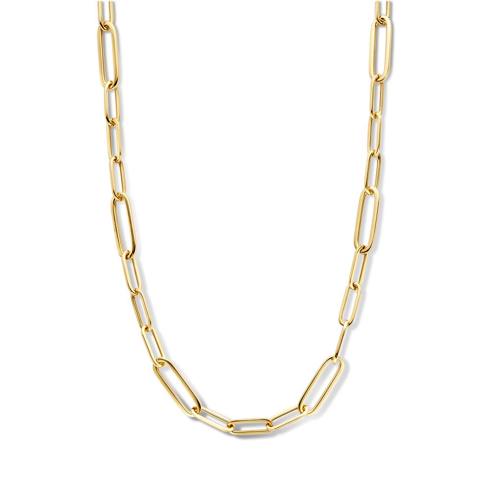 Collier en or jaune 14K avec fermoir mousqueton luxueux, maillons allongés.