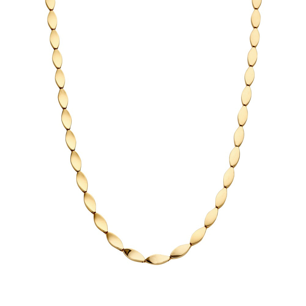 Collier en or jaune avec des éléments ludiques, présentant une forme allongée et polie.