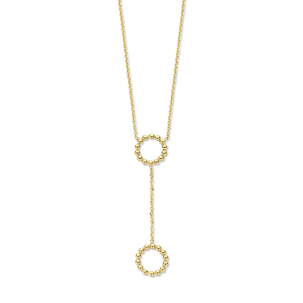 Collier en or jaune 14 carats avec deux cercles entrelacés, offrant une élégance intemporelle.