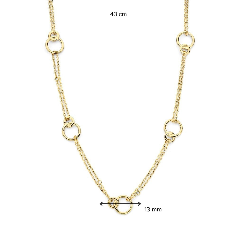 Collier en Or Jaune avec Chaîne à Mailles Doubles et Cercles Reliés – Élégance 14 Carats pour Femme