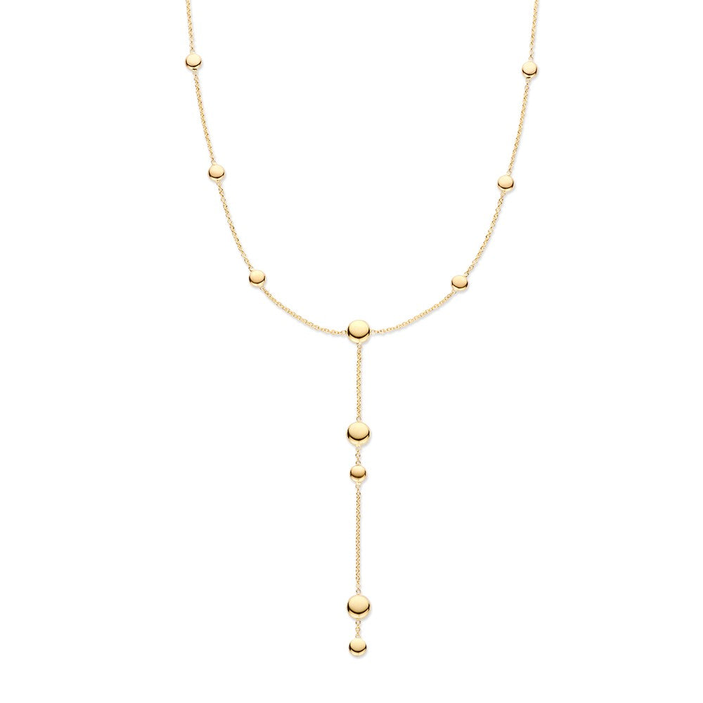 Collier Y en or jaune 14K avec des billes dorées, design élégant pour femmes.
