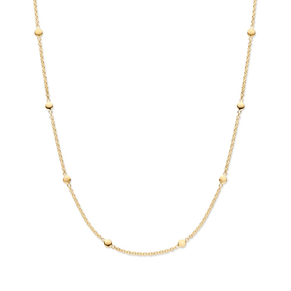 Collier en or jaune 14K avec des éléments dorés luxueux et des perles.