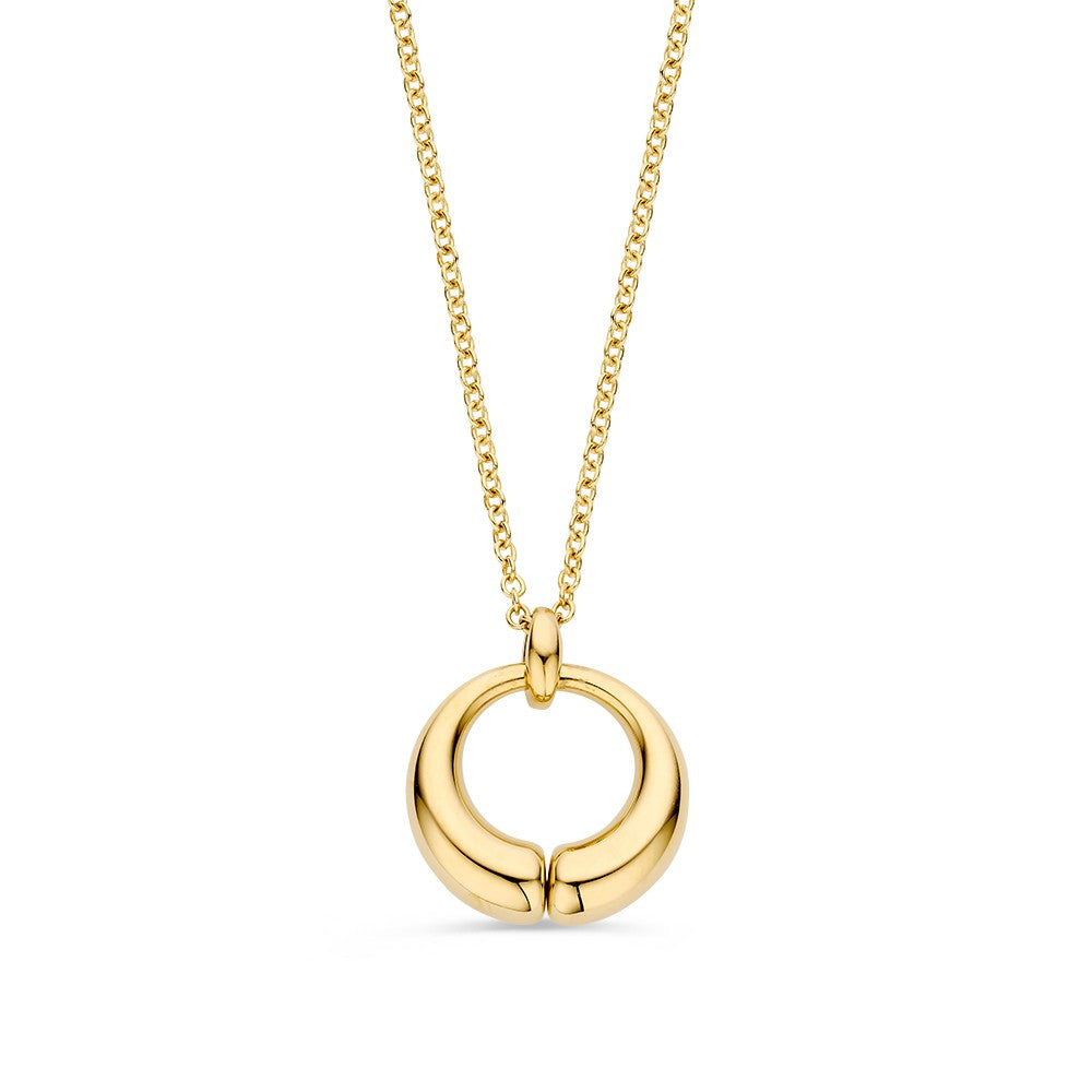 Collier van geelgoud met een ronde hanger in een moderne, strakke vorm.