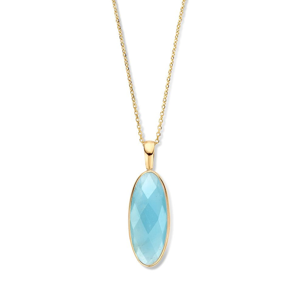 Collier en or jaune avec chaîne à maillons et pendentif ovale en aquamarine.