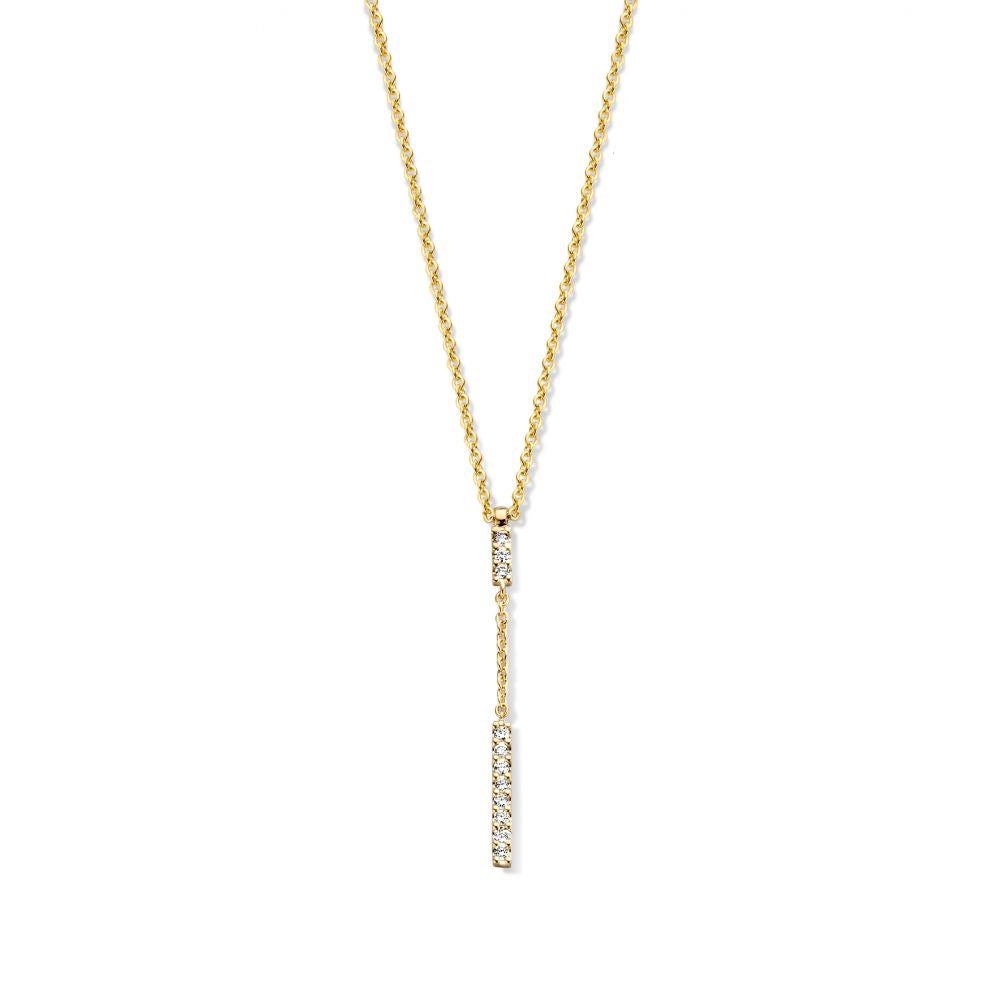 Collier en or jaune avec pendentif en diamants, chaîne délicate et design linéaire.