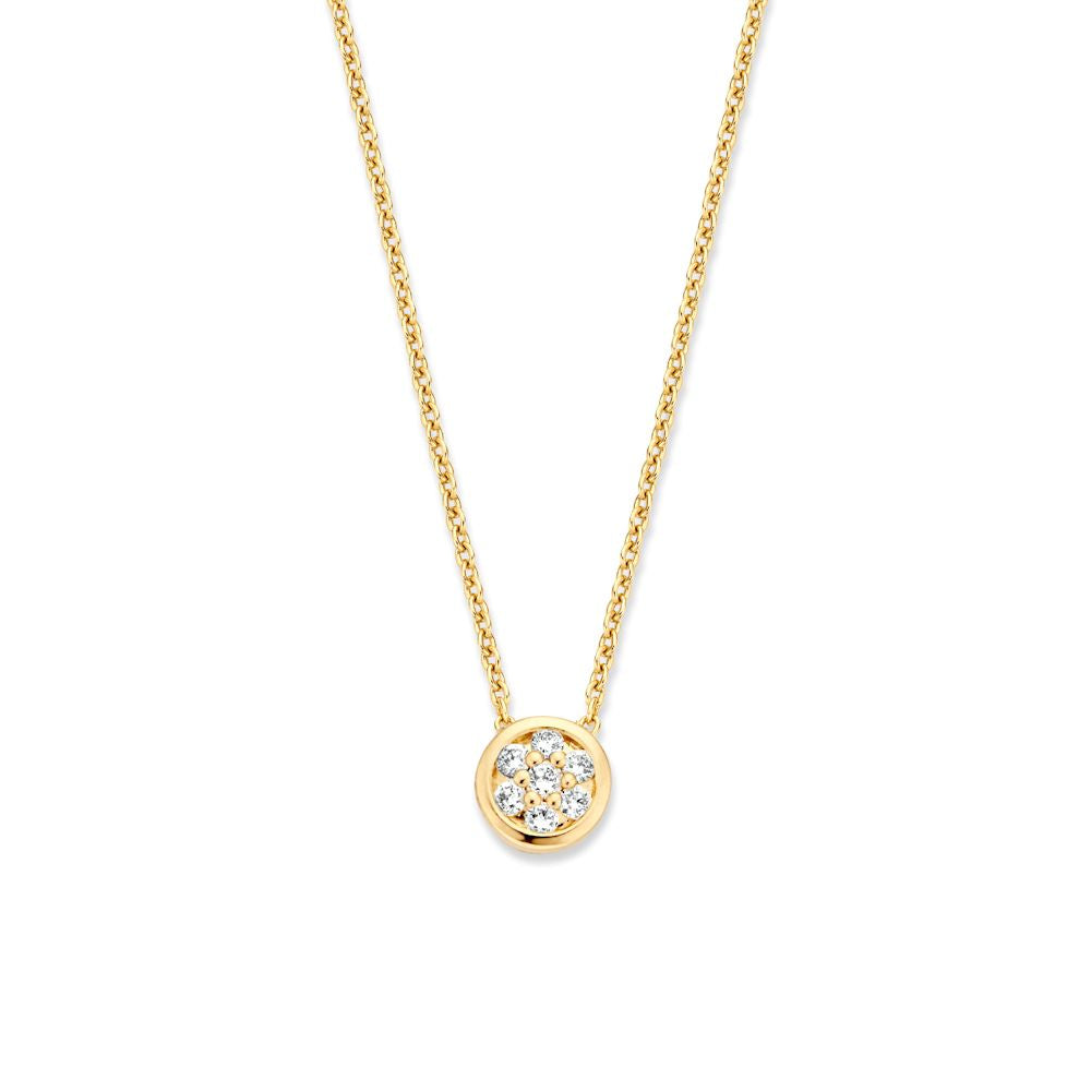 Collier en or jaune avec un pendentif rond serti de diamants en pavé.