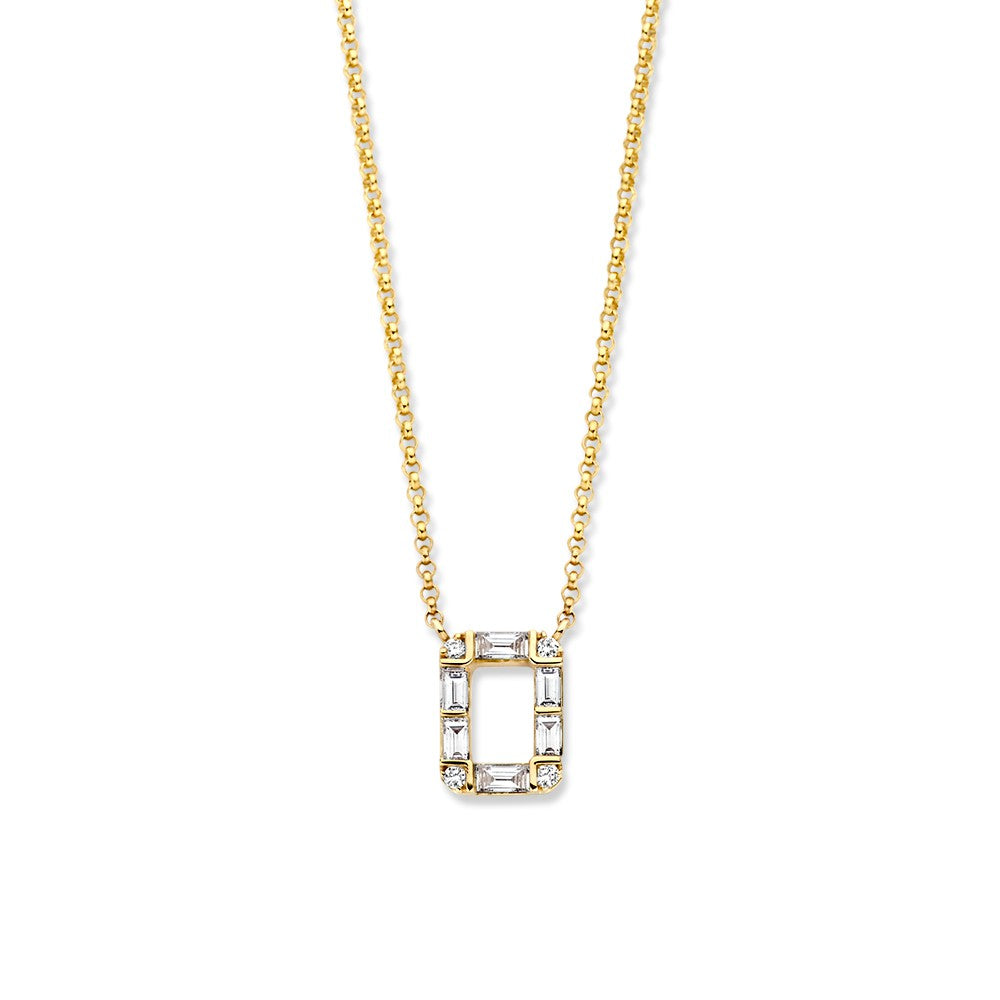 Collier en or jaune avec pendentif en diamants, comprenant des diamants baguette et brillant.