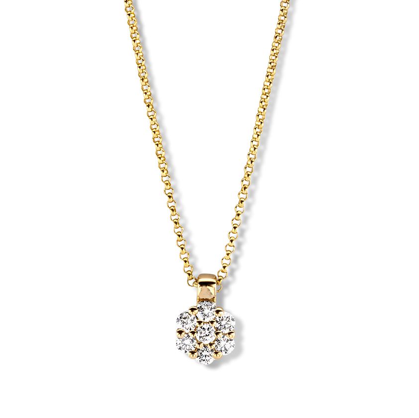 Collier en or jaune avec pendentif en diamants en sertissage entourage.