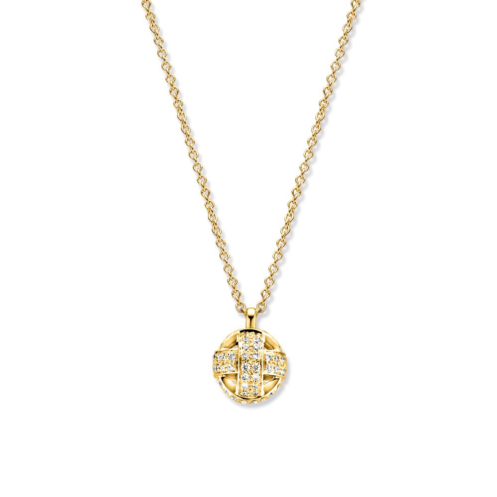 Collier en or jaune avec pendentif en forme de nœud d'amour, orné de diamants.