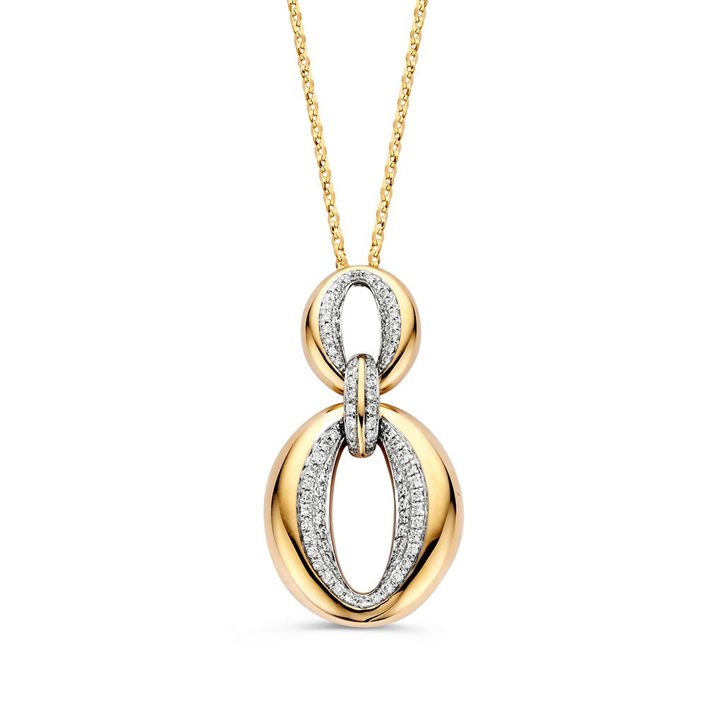 Pendentif en or jaune avec diamants, suspendu à une chaîne délicate.
