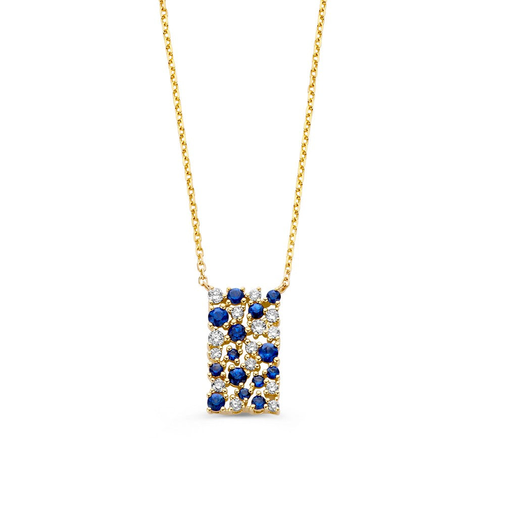 Collier en or jaune 14 carats avec saphirs et diamants, pendentif rectangulaire orné de pierres précieuses.