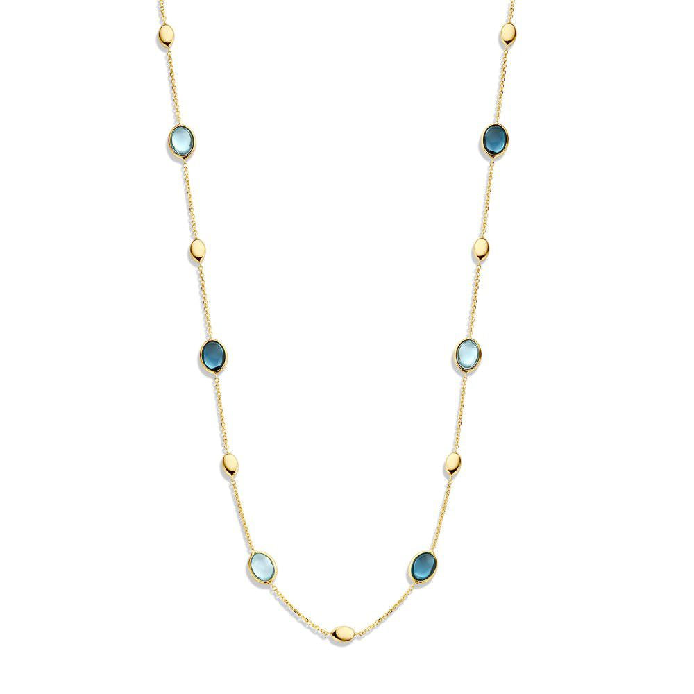 Collier en or jaune de 14 carats avec topazes et topazes bleu londonien, présentant des pierres ovales alternées.