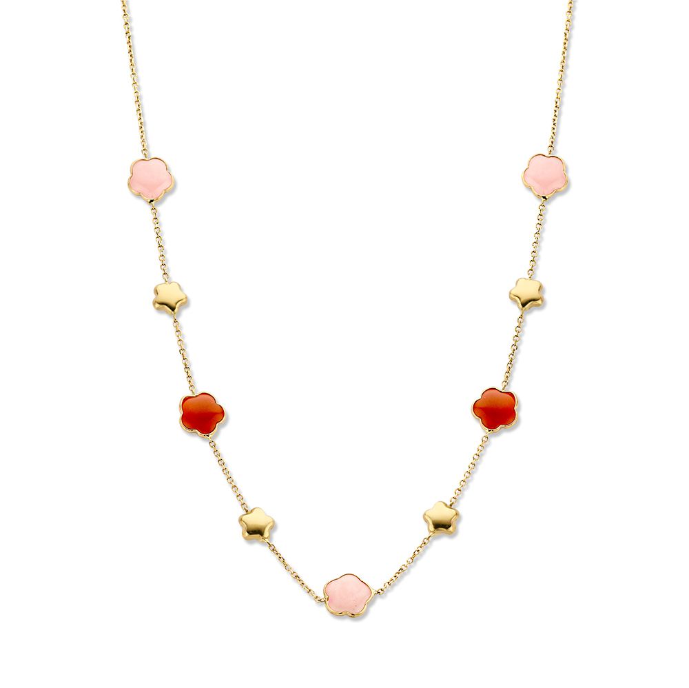 Collier en or jaune avec des pierres précieuses multicolores en forme de fleurs.