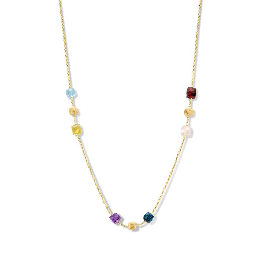 Collier en or jaune avec éléments en or mat et pierres précieuses multicolores.