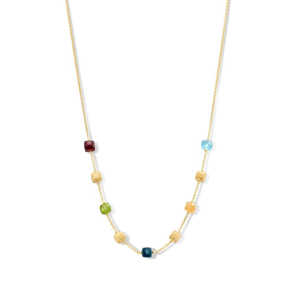 Collier en or jaune avec des blocs dorés mats et des pierres précieuses multicolores.