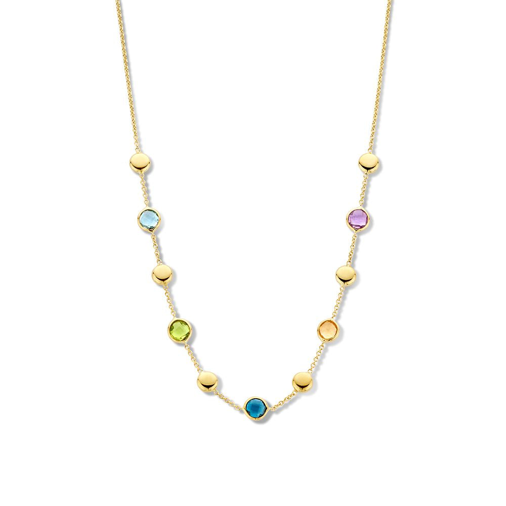 Collier en or jaune avec des pierres multicolores et des accents dorés.
