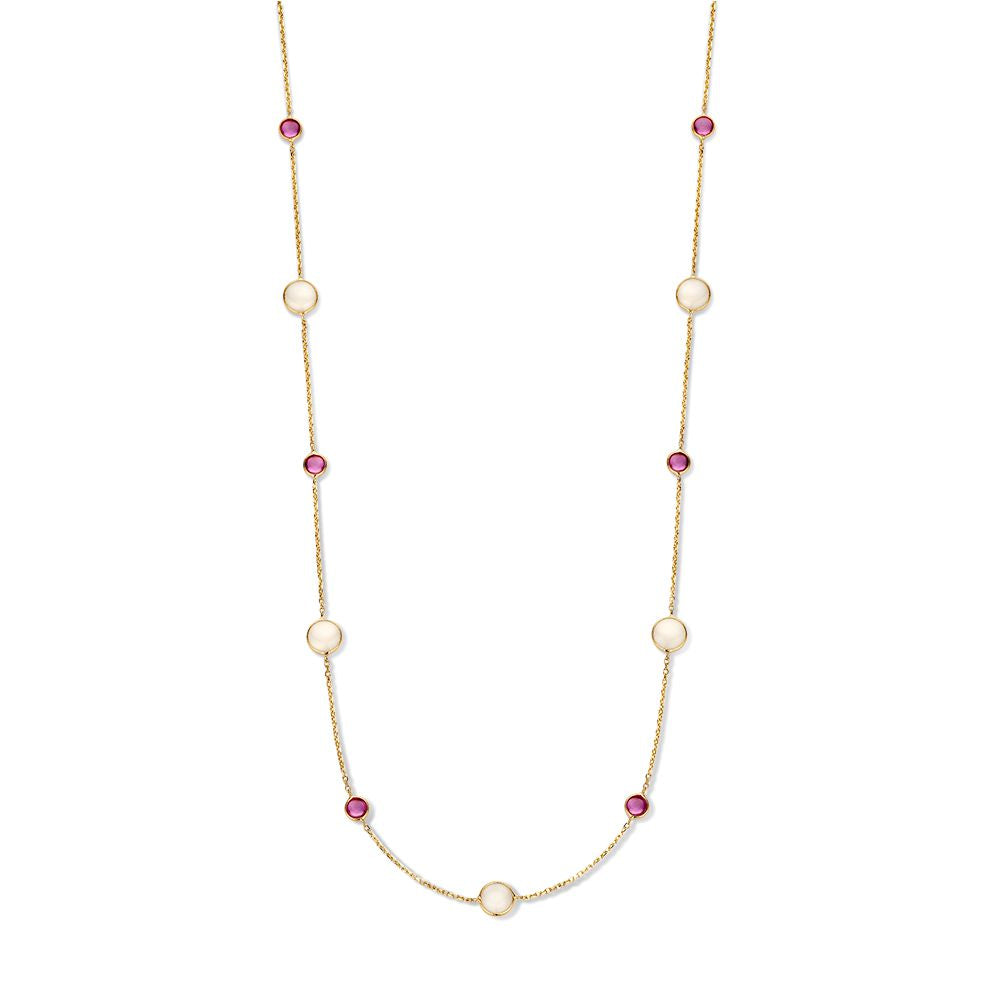 Collier en or jaune de 14 carats avec des rubis et de la pierre de lune, design élégant et raffiné.