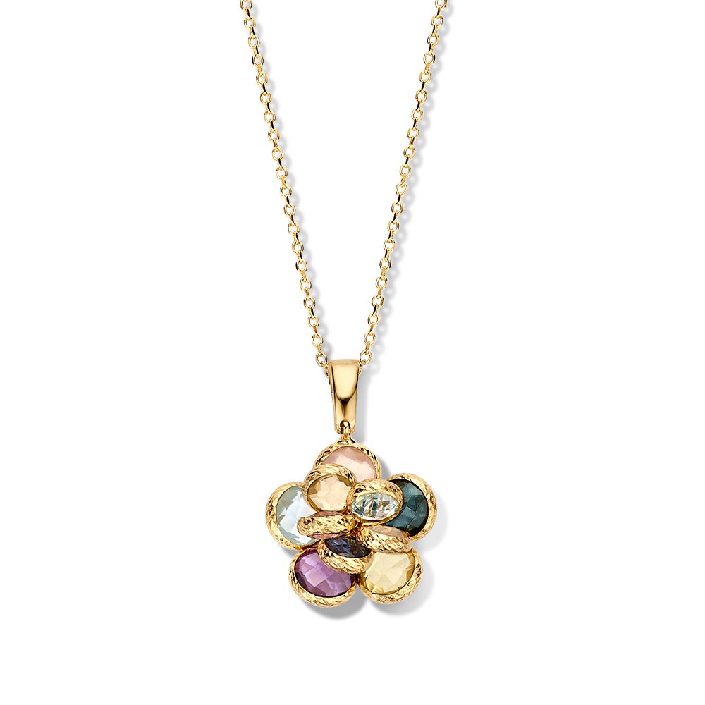 Collier en or jaune avec pendentif en forme de fleur et pierres précieuses multicolores.