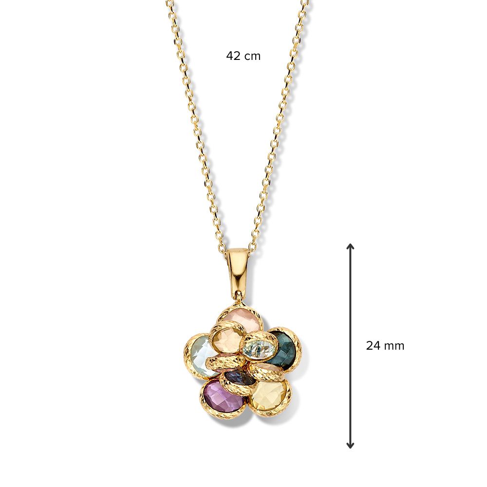 Collier en Or Jaune avec Pendentif en Fleurs & Pierres Précieuses Multicolores – Or 14 Carats