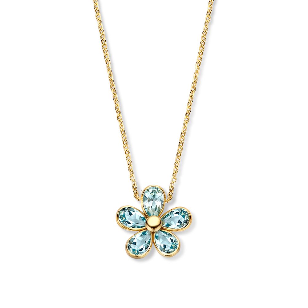 Collier en or jaune avec pendentif en forme de fleur et topaze bleue.