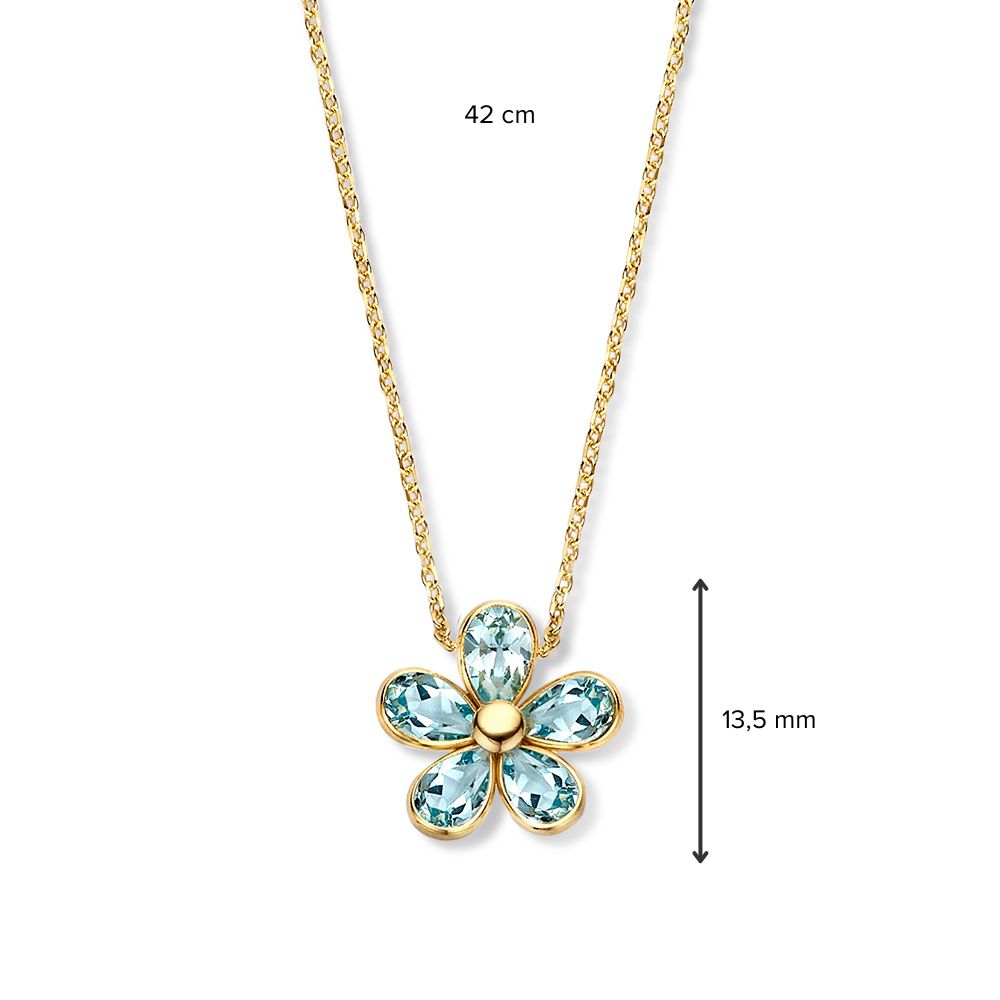 Collier en or jaune avec pendentif floral ludique et topaze bleue – or 14 carats