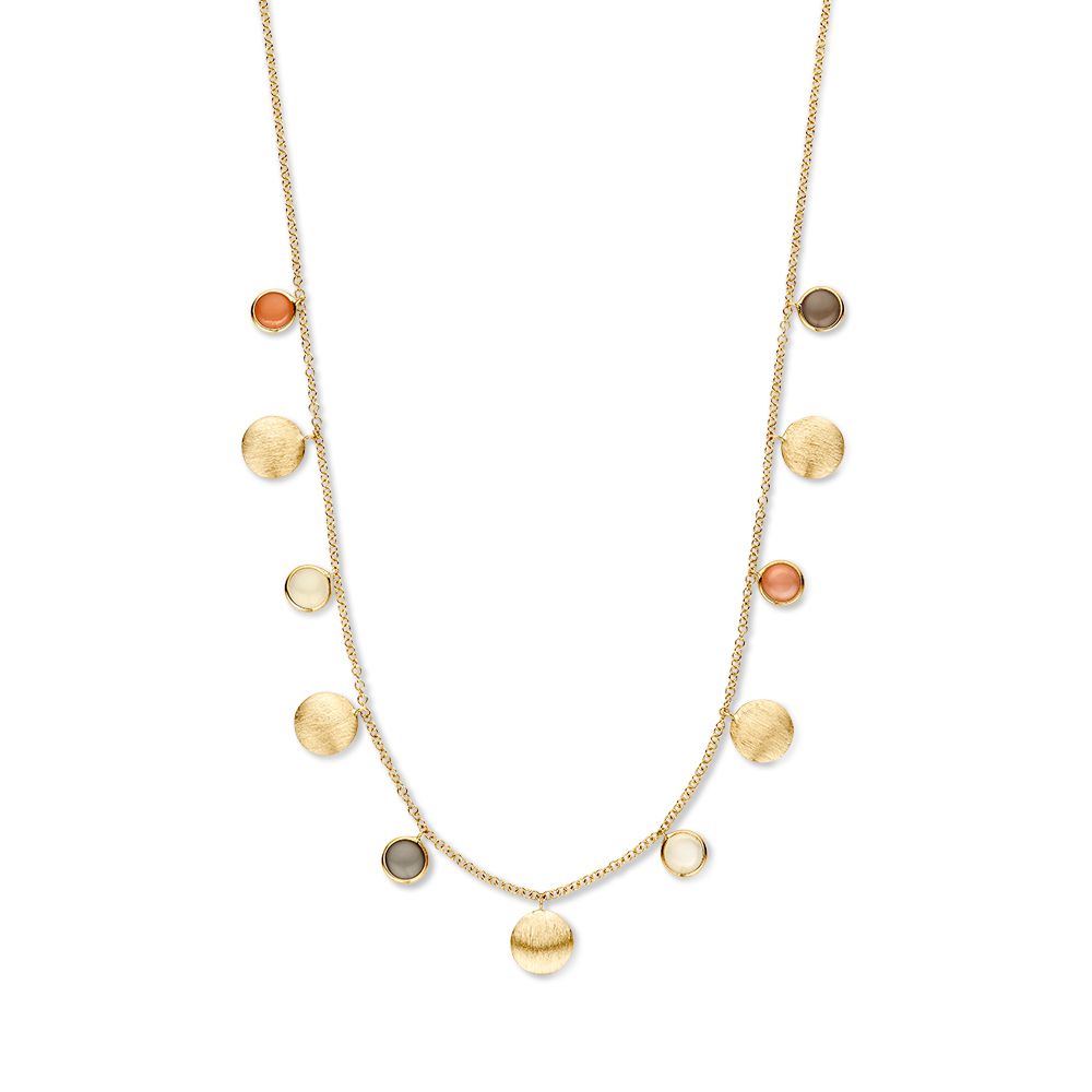 Collier en or jaune avec des éléments dorés et des pierres de lune multicolores.