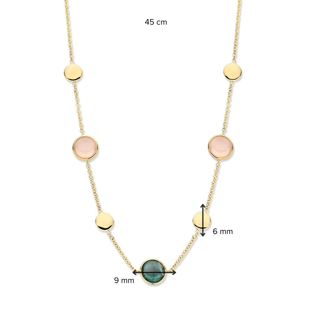 Collier en or jaune avec labradorite et quartz rose – or 14 carats – pierres précieuses multicolores