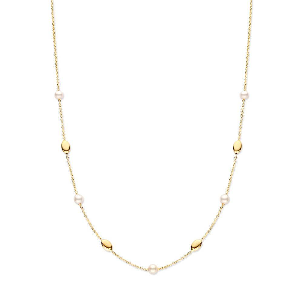 Collier en or jaune raffiné avec des perles et des éléments dorés en or 14 carats.