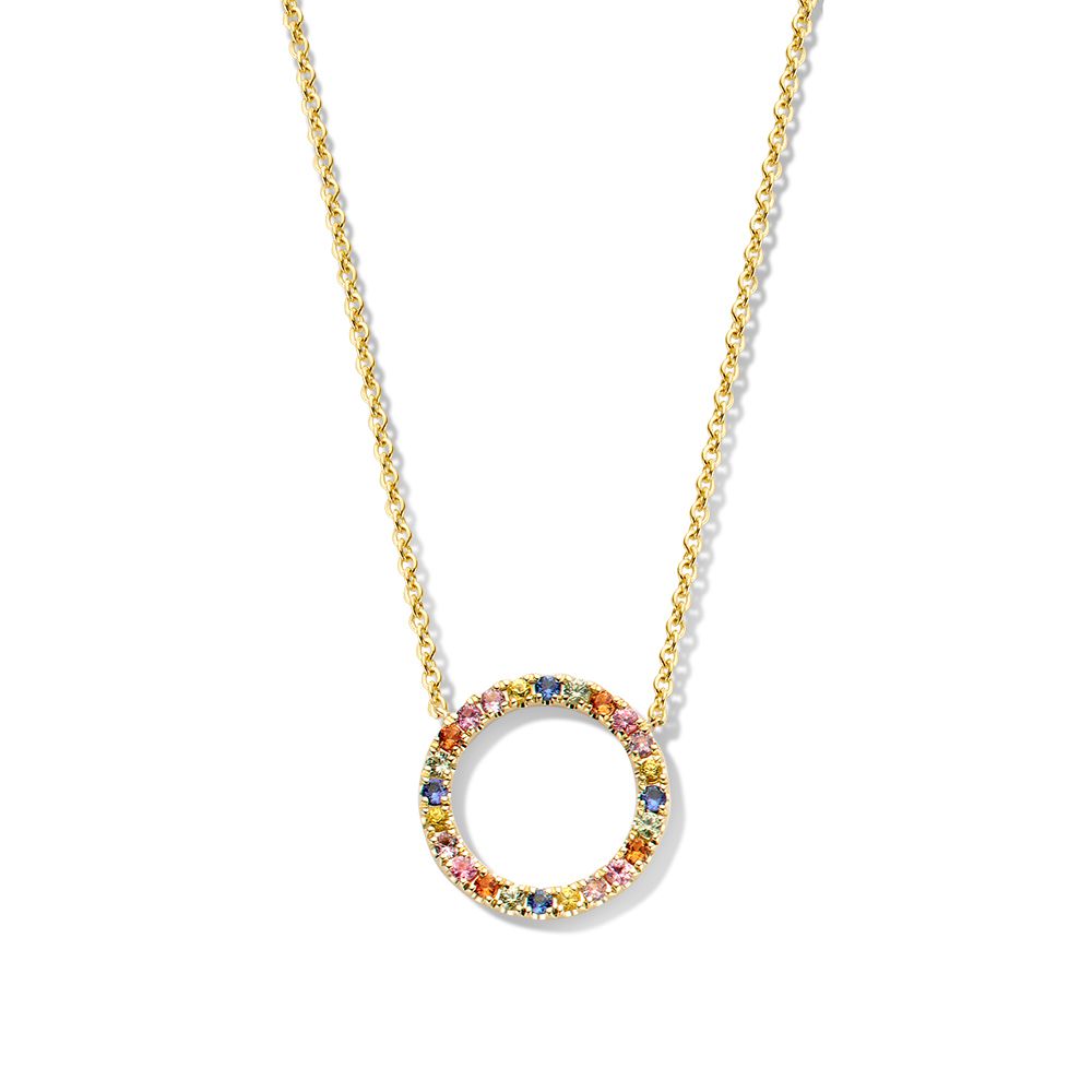 Collier en or jaune avec pendentif rond orné de saphirs multicolores.
