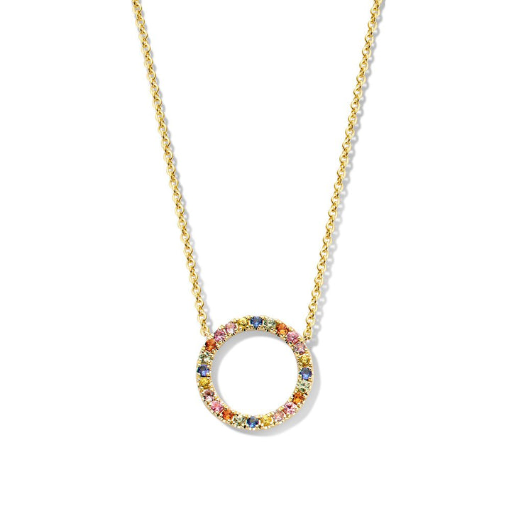 geelgoud collier met regenboogsaffier in ronde hanger - 14 karaat