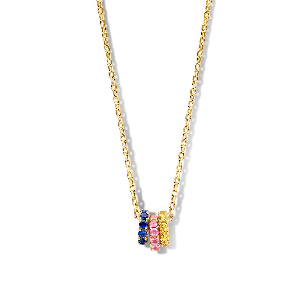 Collier en or jaune avec trois pendentifs en saphirs colorés dégradés.