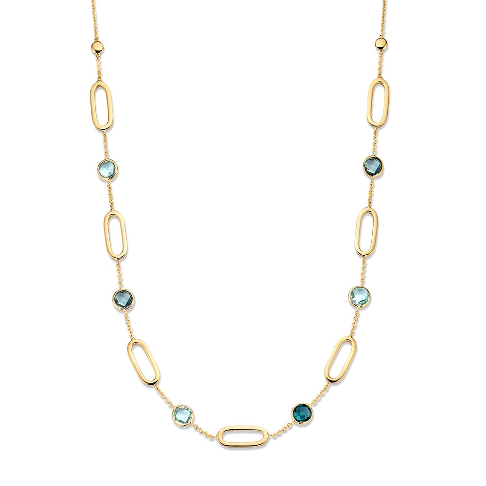 Collier en or jaune 14 carats avec maillons ovales et topazes bleues.