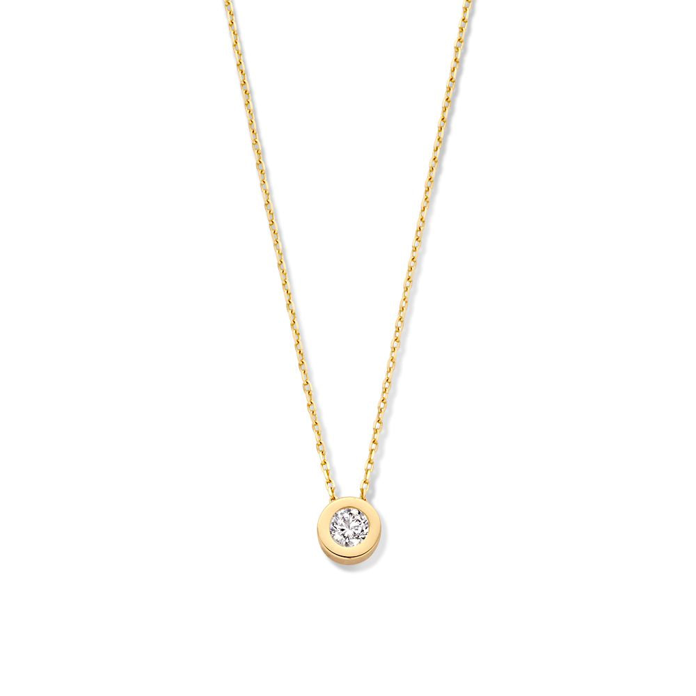 Collier en or jaune avec pendentif solitaire en sertissage rond.