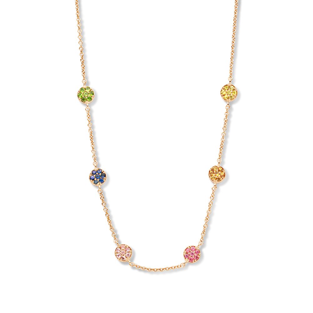 Collier en or rose avec des sapphires multicolores en forme de rond.