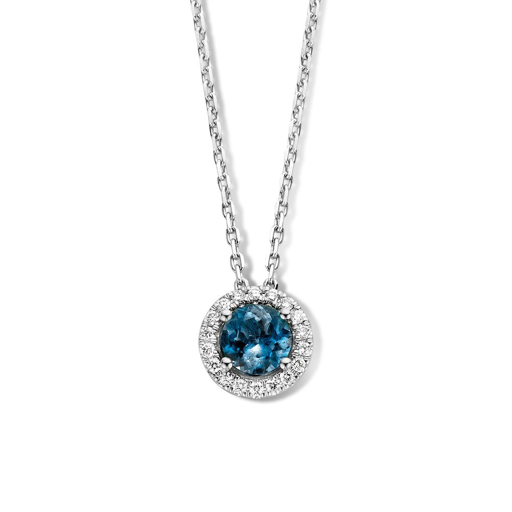 Collier en or blanc 14 carats avec topaze London blue et diamants, pendentif rond.