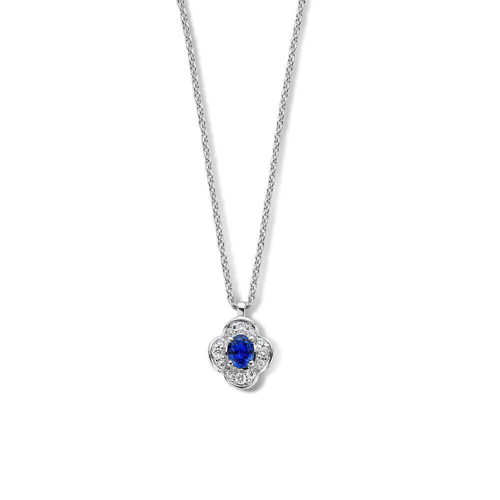 Collier en or blanc avec pendentif en forme de fleur, saphir bleu et diamants.