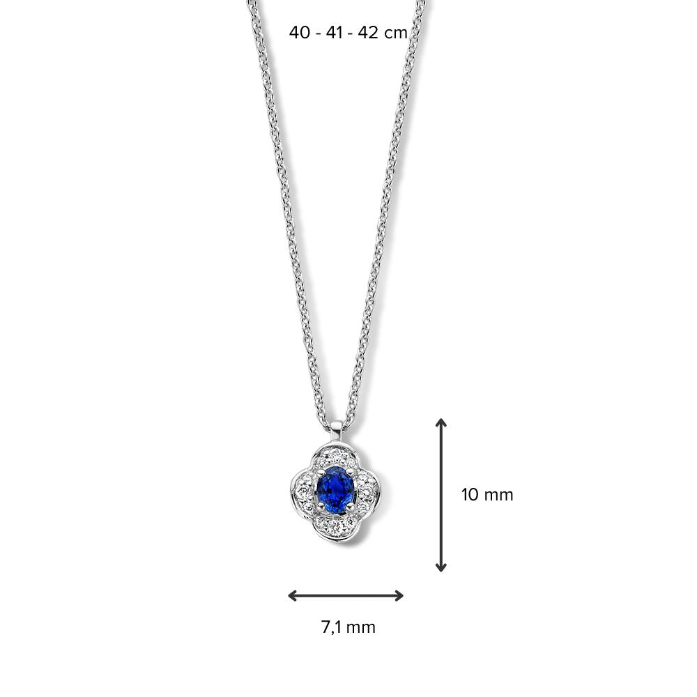 Collier en or blanc avec pendentif en fleur, saphir bleu et diamant - 14 carats