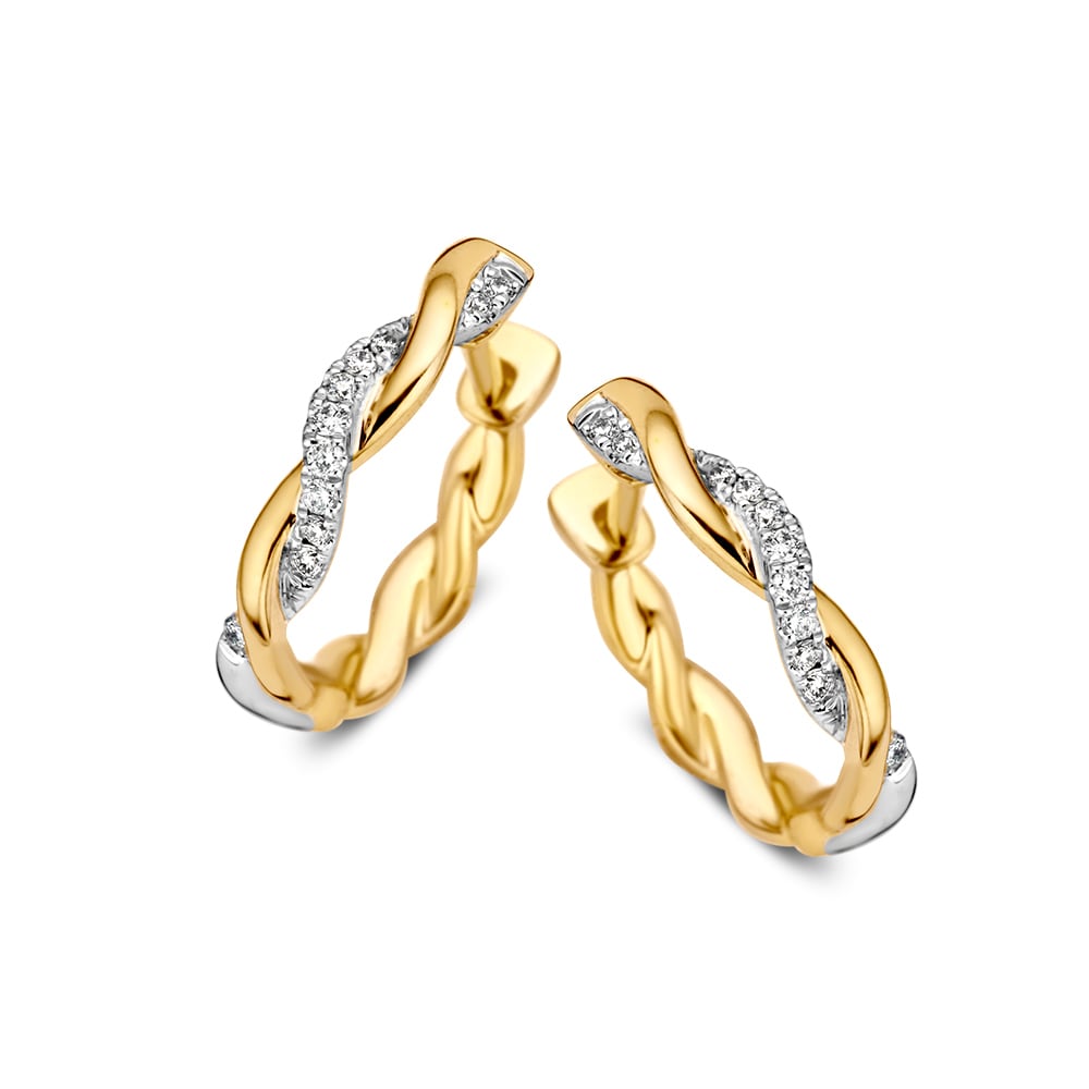 Boucles d'oreilles bicolores en or jaune et blanc avec diamants brillants, 14 carats, 0,11 carats.