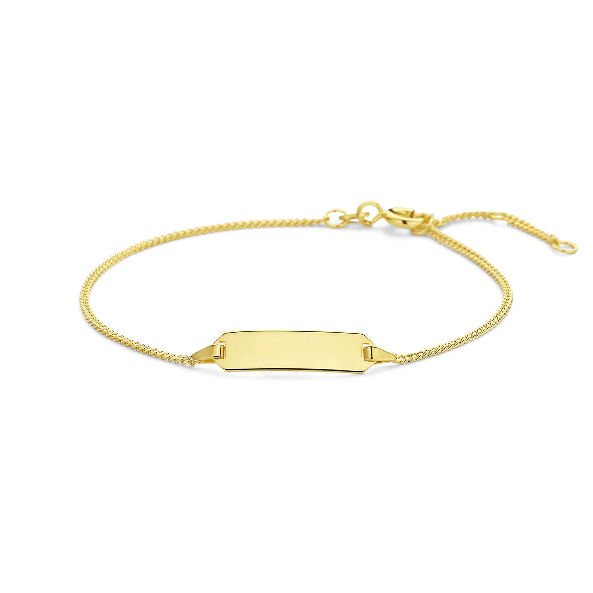 Bracelet en or jaune 14K avec plaque gravable, finition lisse et chaîne délicate.
