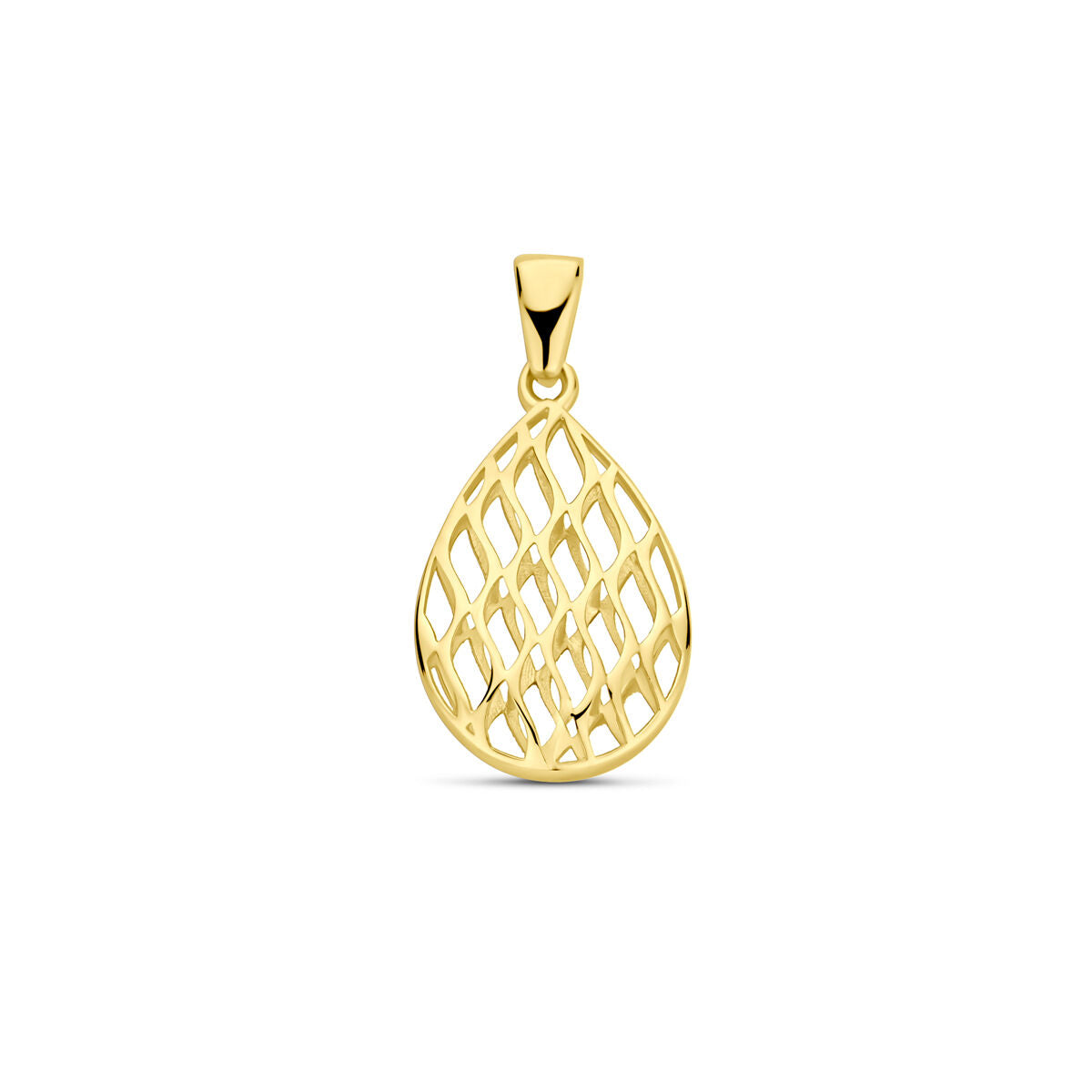 Geelgouden hanger in druppelvorm met opengewerkt patroon, afmetingen 24x12mm.