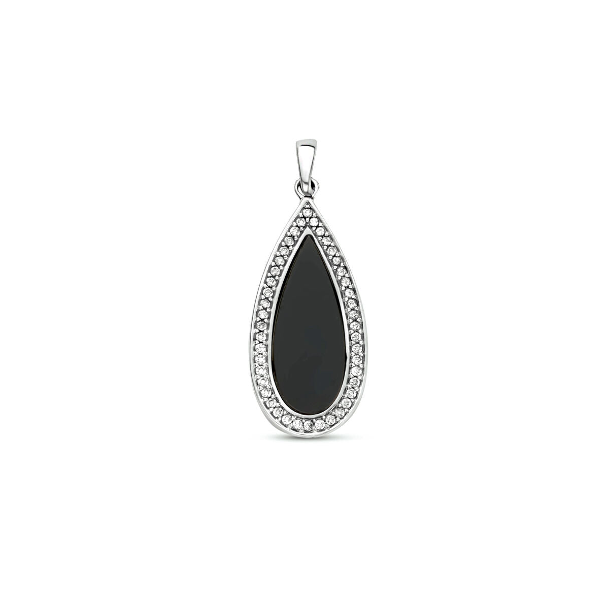 pendentif en onyx et zirconium en argent rhodié en forme de goutte.