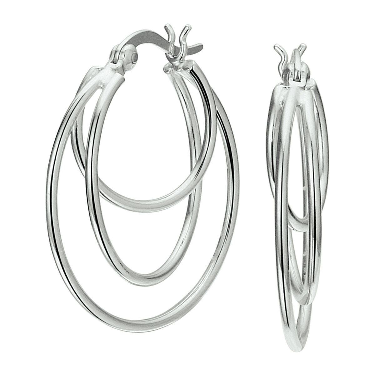 Boucles d'oreilles en argent rhodié avec trois cercles entrelacés.