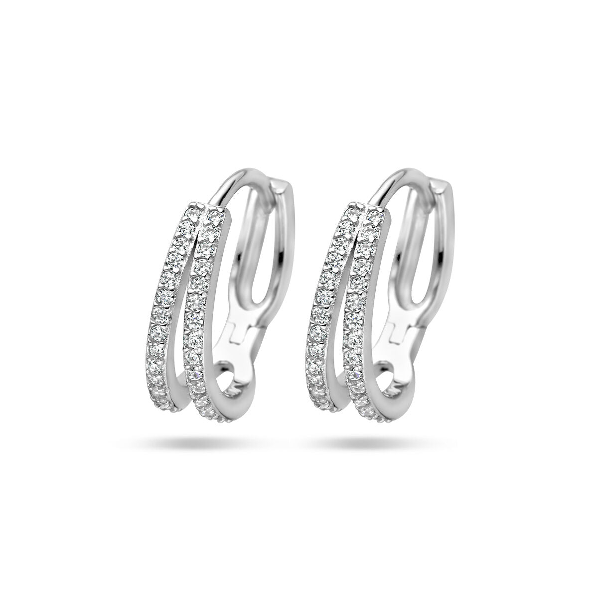 Boucles d'oreilles en argent rhodié ornées de zircons, en forme de double bande.